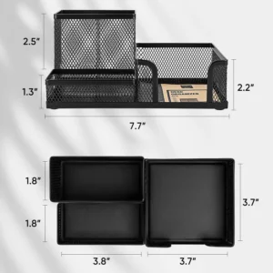 Mesh Desk Organizer Office Supplies Caddy with Pencil Holder and Storage Baskets for Desktop Accessories, 3 Compartments, Black