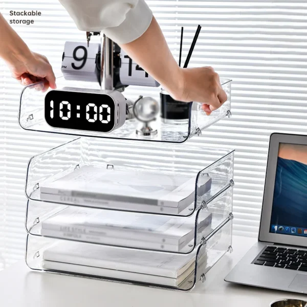 Desktop File Organizer Stackable Storage Tray Clear Paper Rack Stationery Box Home Office Magazine Book Shelf Transparent Holder