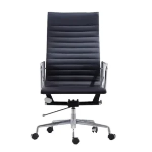 Ribbed Office Chair Meeting Chairs Mid Back Top Black Grain Leather Desk Chair Swivel Chair Adjustable Ergonomic Computer Chairs